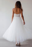 Lace White Tulle Spaghetti Straps A Line Tea Length Graduation Dress